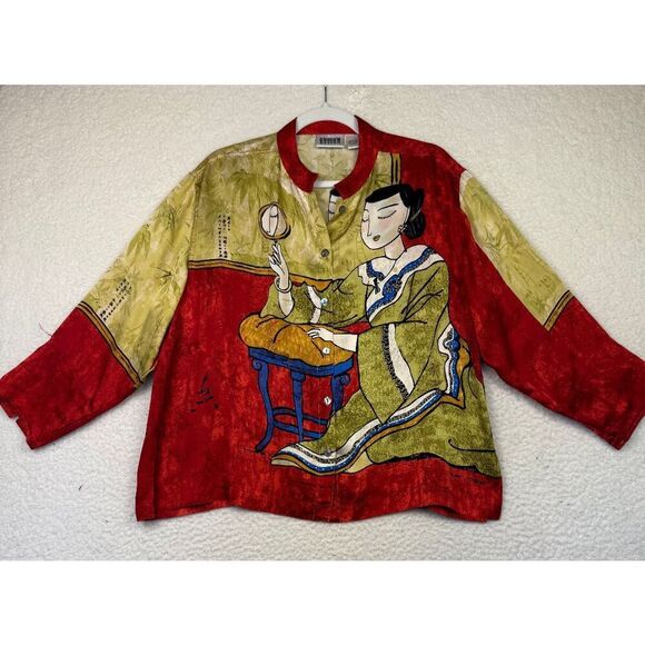 Vintage Chicos Design Asian Geisha Silk Button Blouse‎ Art to Wear Size 2 Large - Picture 1 of 6